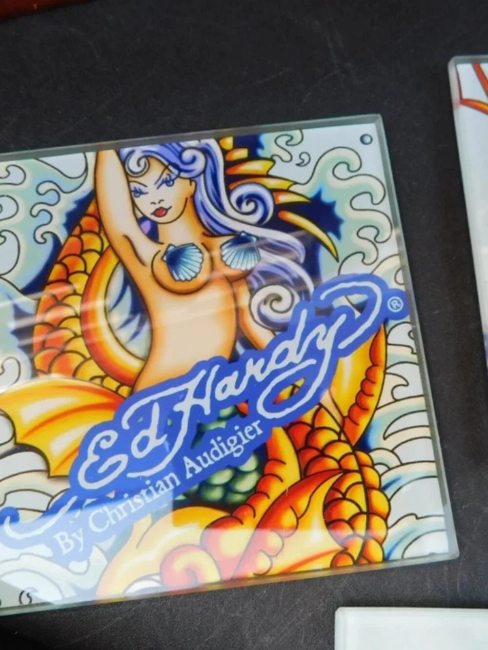 Set of 4 Ed Hardy By Christian Audigier Glass Coasters 4x 4” Koi Fish Mermaid